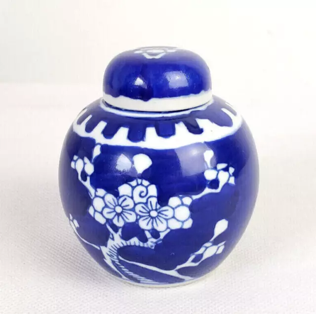 Antique Chinese Porcelain Small Prunus Ginger Jar Blue White Double Blue Ring 3"