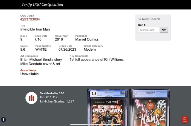 Marvel Comics Invincible Iron Man #9 7/16 1st Appearance Riri Williams CGC 9.6 2