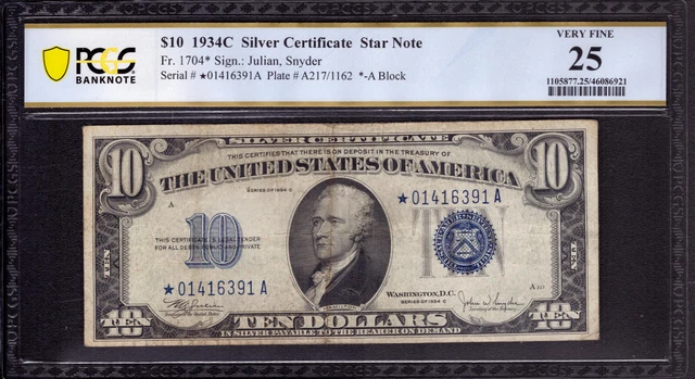 1934 C $10 Silver Certificate Star Note Fr.1704* Pcgs B Very Fine Vf 25 (391A)