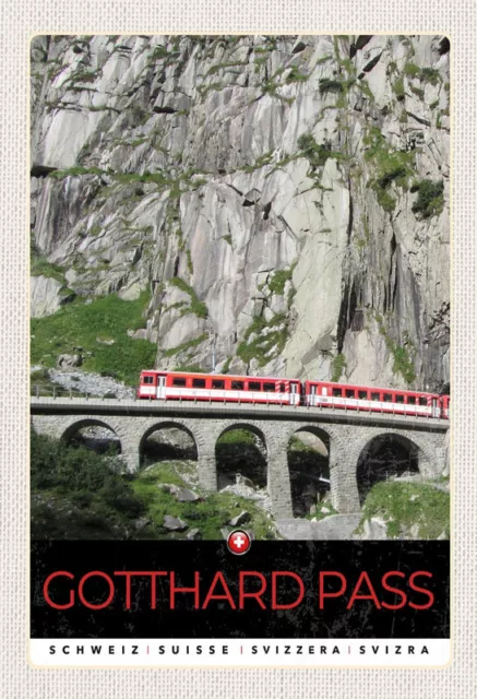 mrdeco Metall Schild 20x30cm Gotthard Pass Schweiz rote Lokomotive Blechschild