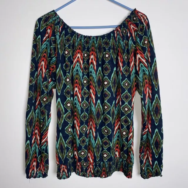 Lucky Brand Shirt Womans Green Red Blue Medium Peacock Print Casual Boho Peasant