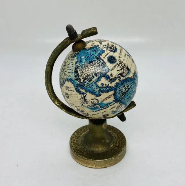 Vintage 1970s Old World Globe Map Small 4” Tabletop Metal Art Decor Japan 23