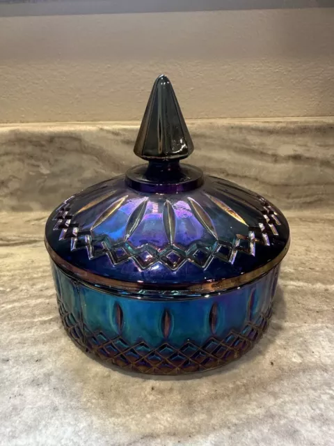 INDIANA GLASS Iridescent Blue Carnival Glass Princess Candy Dish & Lid vintage