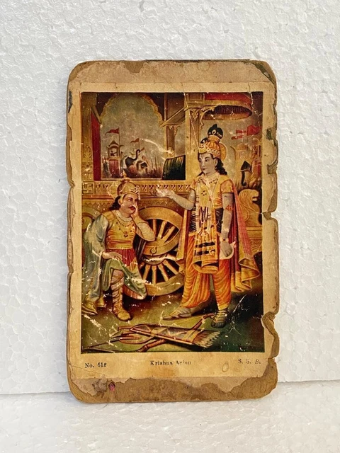 VECCHIO VINTAGE RARO Indù Religioso Dio Krishna Arjun Stampa Carta Su ...