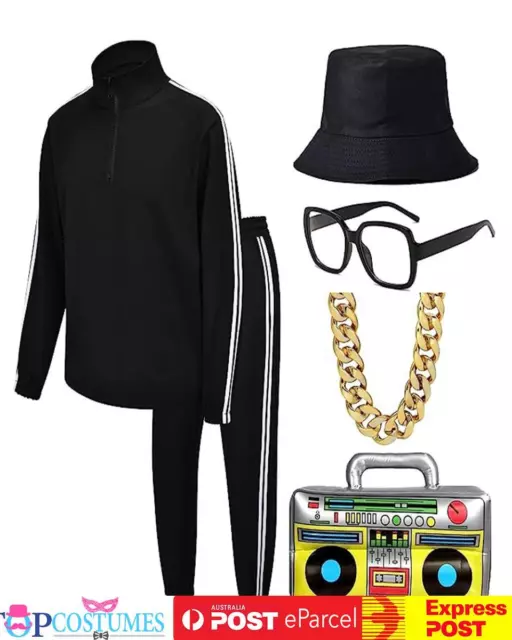 Black Rapper Mens 80s 90s Sweat Tracksuit Costume Hat Glasses Necklace