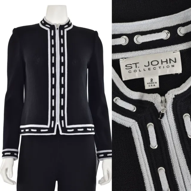 St. John Collection Santana Knit Zip-Up Jacket/Blazer in Black/Light Gray sz 2