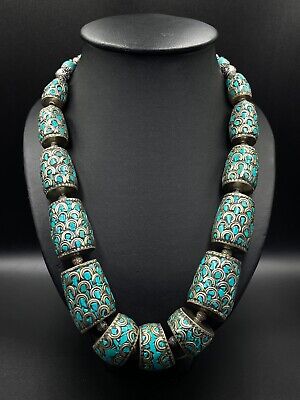22 Inches Amazing Handmade Tibetan Old Necklace With Natural Turquoise Stone
