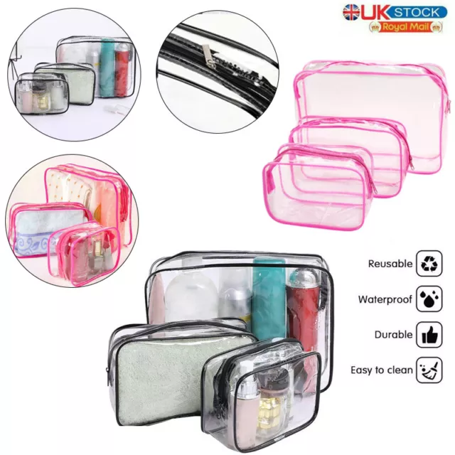 3 Piece Clear Travel Bag Set Transparent Makeup Toiletry Waterproof Wash Pouch