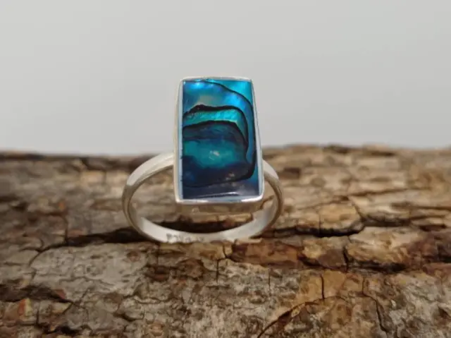 Blue rectangle abalone mexican ring ,Silver plated ring,iridescent ring,geometri