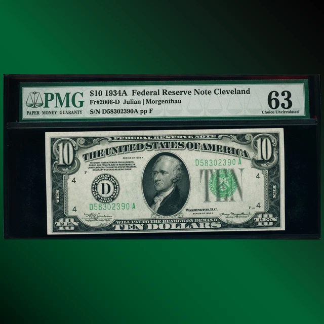 Fr.2006 1934A $10 Ten Dollars Federal Reserve Note Cleveland, PMG 63, 02390