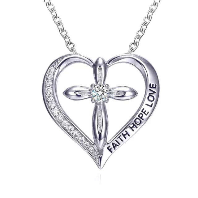 Cross Heart Simulated Diamond Lettering FAITH HOPE LOVE Pendent Fashion Necklace