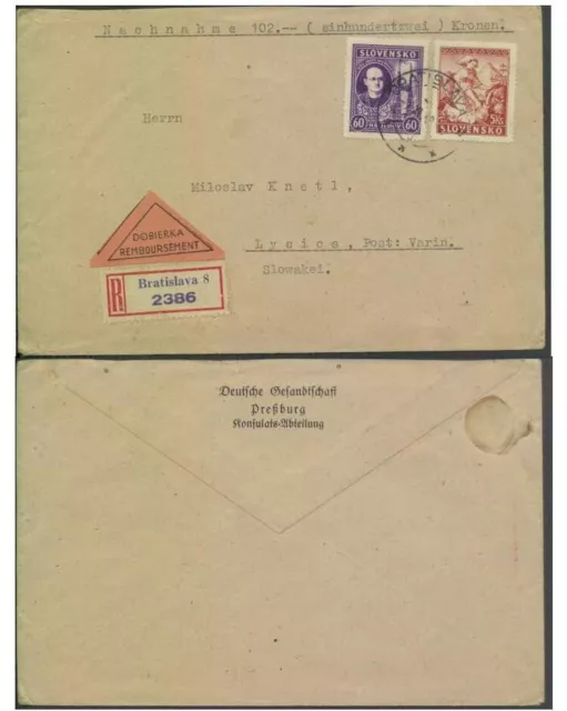 Slowakei Deutsche Gesandtschaft Konsulatsabteilung Bratislava R-Nachnahme-Brief