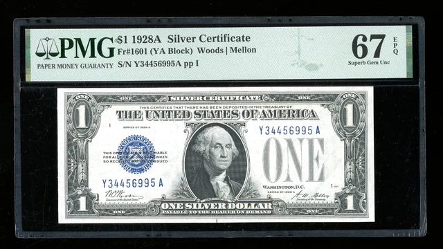 DBR 1928-A $1 Silver Fr. 1601 YA Block Superb Gem PMG 67 EPQ Serial Y34456995A