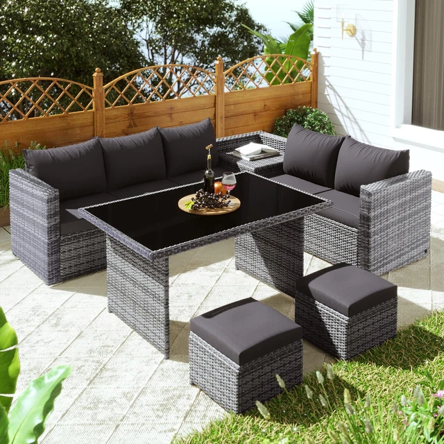 7 SEATER RATTAN Garden Patio Corner Sofa Set with Side Storage and