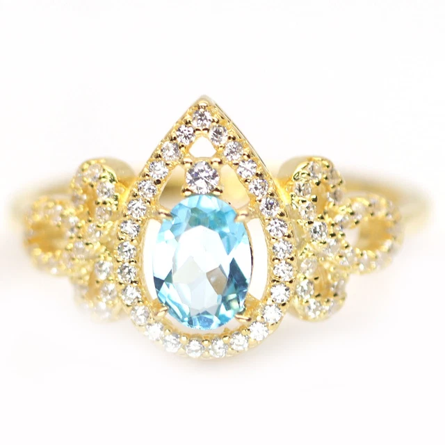 5 X 7 MM. Swiss Blue Topaz & Cubic zirconia 925 Sterling Silver Ring Size 9