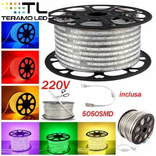 Striscia Led 220V Su Misura Luce Calda Naturale Fredda Rgb Multicolore Ip65