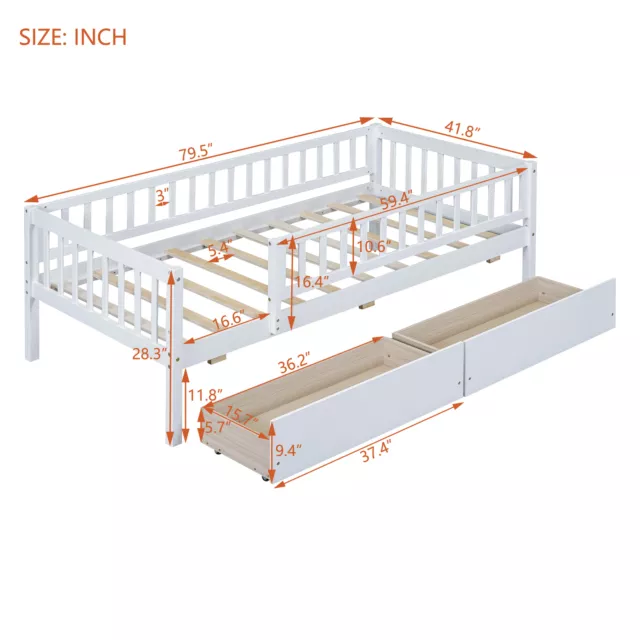 Twin Size Daybed Wood Bed with Two Drawers , White 3