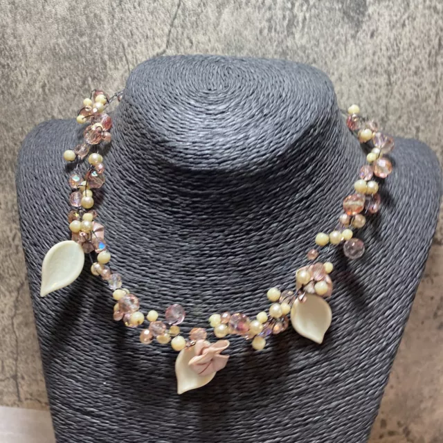 STATEMENT Pink Bead And Ceramic Flower Bead Necklace Retro Summer Wedding Boho
