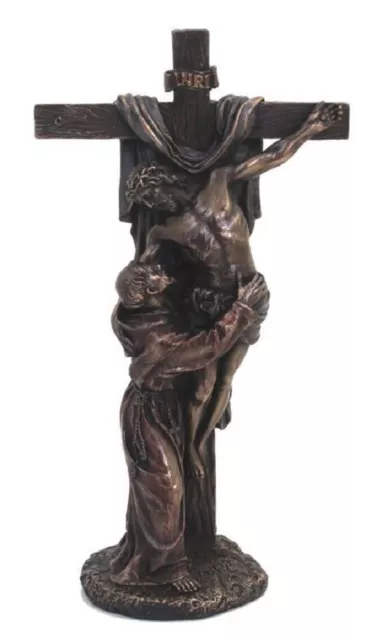 Statua/Scultura In Resina Bronzata Crocifisso Con San Francesco H 29