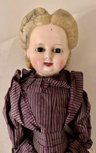 Antique German Doll Wax Over Papier Mache Doll Pumpkinhead Pierced Ears Original 3