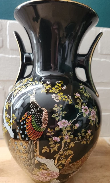 Vtg Japanese Black Floral Porcelain Vase W/ Peacocks Double Handled Gold Trim