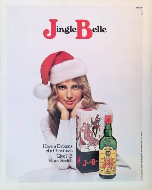 Vintage Print Ad Christmas 1970's Pretty Girl Santa Hat Jingle Bells J&B Scotch