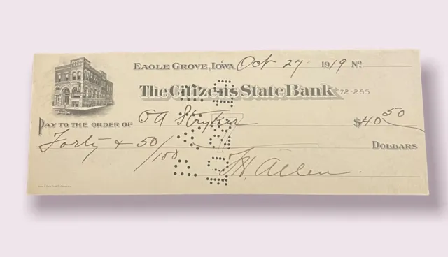 Antique 1919 The Citizens State Bank Eagle Grove Iowa Check