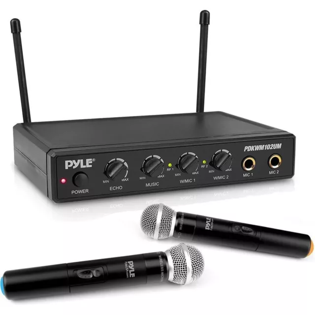 Dynamic UHF Mic System - Dual Fixed Frequency Wireless Karaoke Mixer, RCA/Aux/Mi