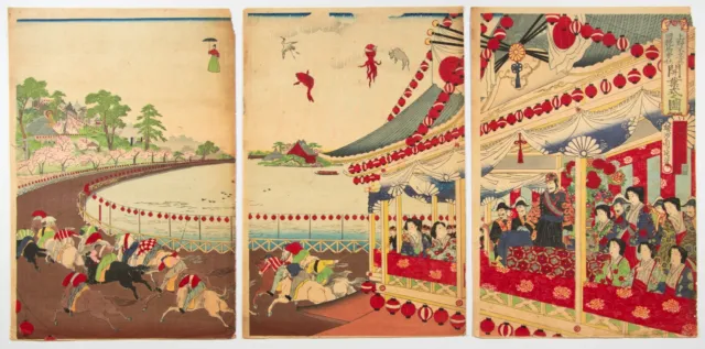 Chikanobu, Horses, Ueno Tokyo, Meiji, Ukiyo-e, Original Japanese Woodblock Print