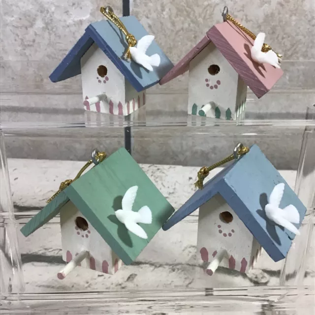 Miniature Birdhouses W/Doves Christmas Ornaments Lot Of 4 Wood Painted Handmade