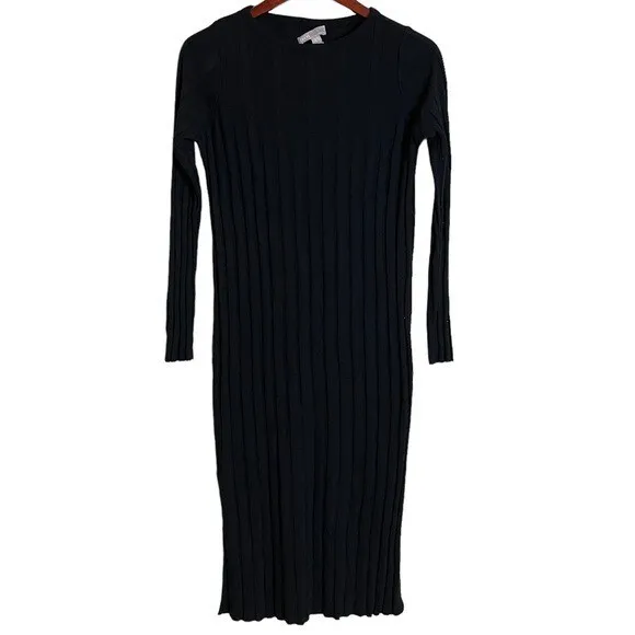 ASOS DESIGN crew neck ribbed midi dress size 6 black side slit long sleeve knit