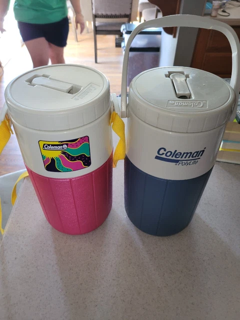 Vintage 1993 Coleman Water Drink Cooler Jug Neon Teal green Yellow 5590 Lot of 2