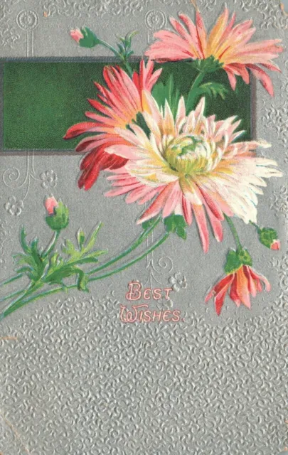 Vintage Postcard Best Wishes White Pink Flowers Embossed