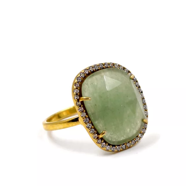 Aventurine & CZ Ring Size 5 Pure 925 Silver Gold Plated Jewelry Anniversary Gift