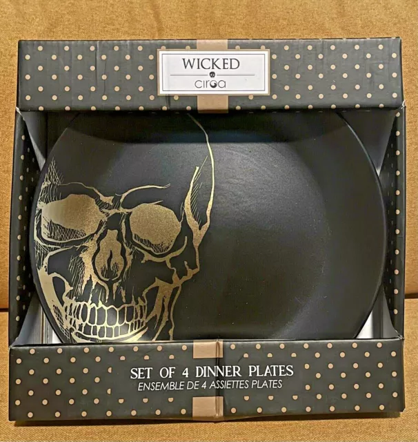 Wicked by Ciroa Skull Dinner Plates 10.2" Halloween Set of 4 Black Gold NIB