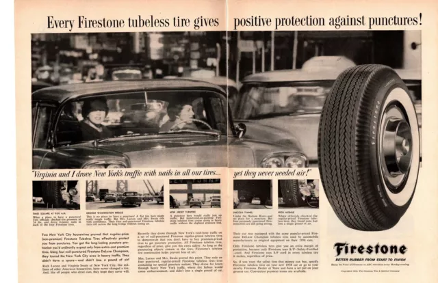 1958 Firestone Tire & Rubber Co. DeLuxe Champion Tubeless Tires 2-Page Print Ad