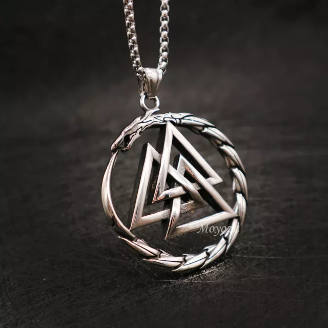 Mens Vintage Viking Talisman Valknut Dragon Pendant Necklace Stainless Steel