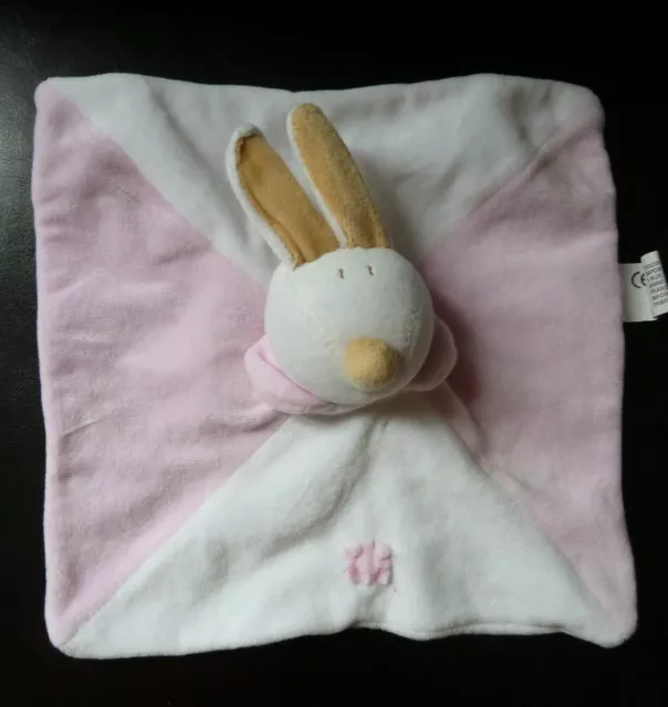 44 - Doudou Plat Carre Startoy Lapin  Rose Blanc Oreilles Beige Tres Bon Etat