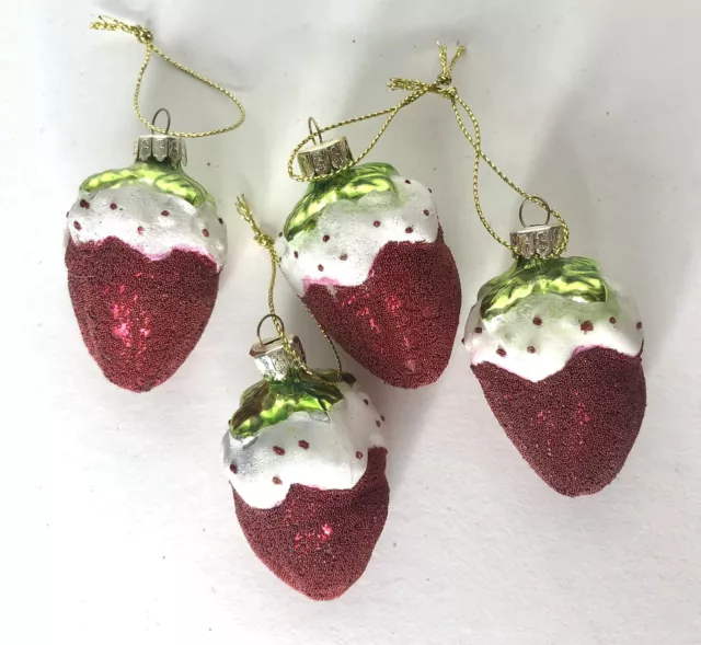 Glass Strawberry & Cream Glitter Christmas Ornaments Set of 4 Red White Green 2"