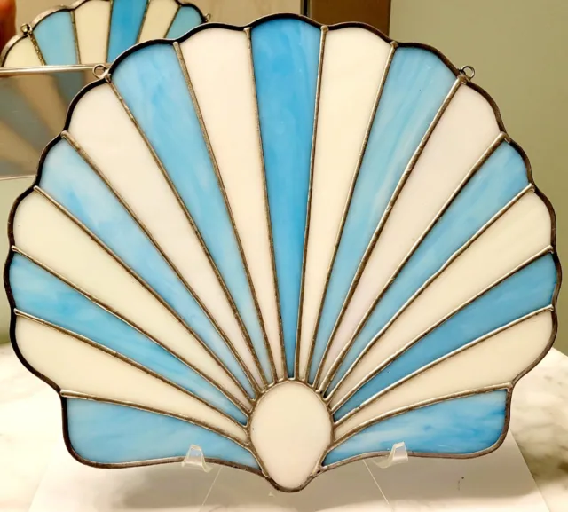 ~Vintage Stained Glass~ Sea Scallop Shell Hanging ~ Blue & White ~10" H X 11.5" 