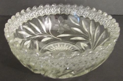 Vintage PRESSED GLASS FLORAL BOWL Etched Flowers, Saw Tooth Rim, Clear, Sun EAPG