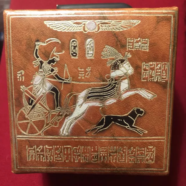 Vintage Egyptian Camel Leather Jewelry Box Embossed with Egyptian in a Chariot