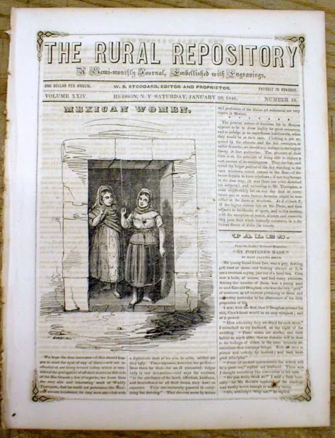 1848 newspaper with a front page PICTURE of MEXICAN WOMEN & text insulting them