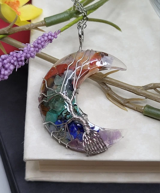 7 Chakra Necklace Natural Crystal Tree of Life Wire Wrapped Moon Shape Pendant
