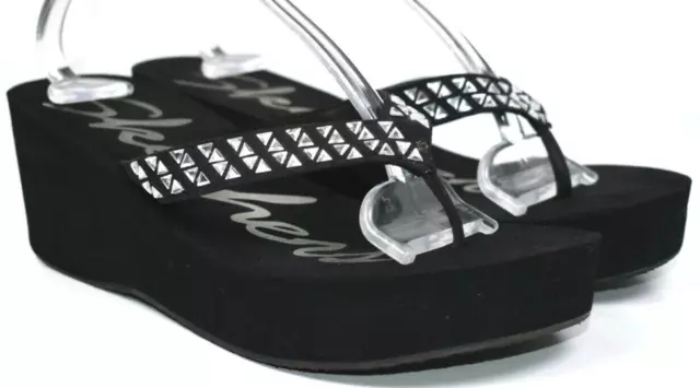 SKECHERS Women's Pinups Black Wedge Rhinestones Platform Thong Sandals Size 10