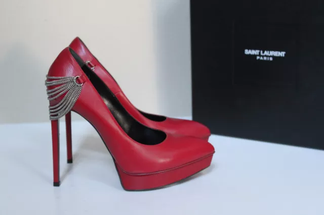 New sz 8.5 / 38.5 Saint Laurent Janis Red Leather Chain Heel Pointed Pump Shoes