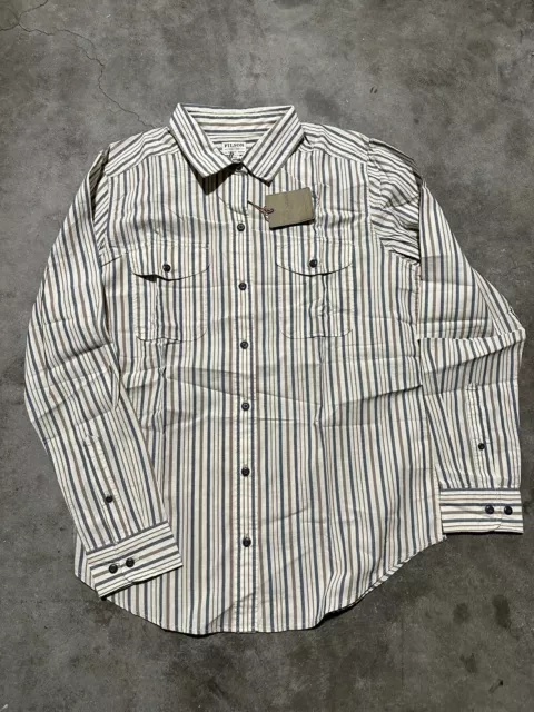 NWT Filson Kadin Island Long Sleeve Button Up Striped Shirt Blue White