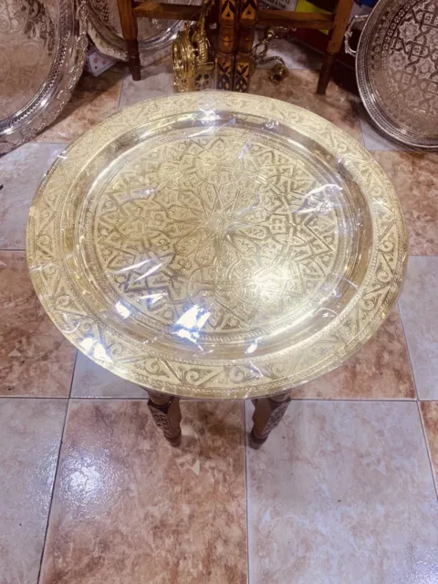 Moroccan Handmade Traditional Brass Tray Top Round Carved Wood 15,5’’ 3