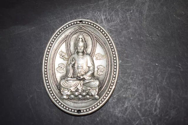 Bronze Plakette, China, Guanyin, beschriftet, versilbert, 70mm