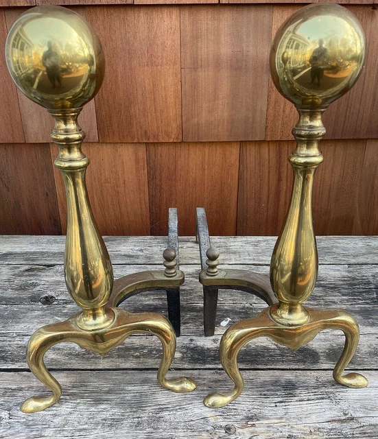 Puritan Brass Andirons Claw Foot Firedogs Federal Finial Cast Iron Solid